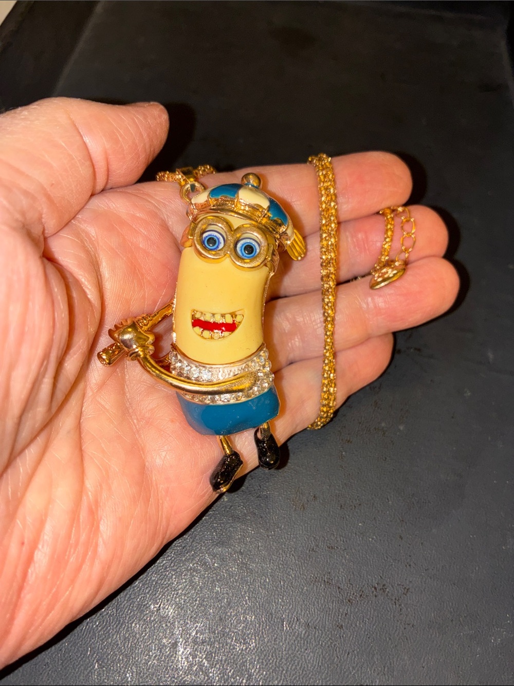 Minion Pendant Necklace with Gold and Rhinestone Accents.The Minion Golfer.
